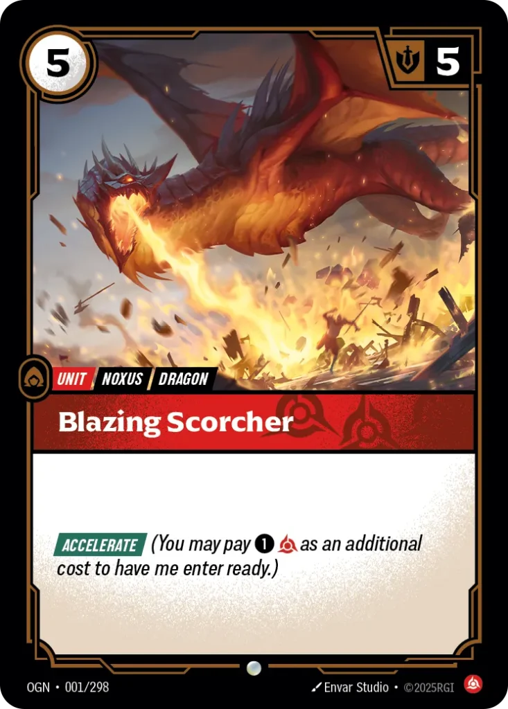 Karta Riftbound: Blazing Scorcher — Unit, kolor Fury, dodatek Origins. Ilustracja: Envar Studio. Opis karty: Accelerate (You may pay 1⚡ as an additional cost to have me enter ready.)