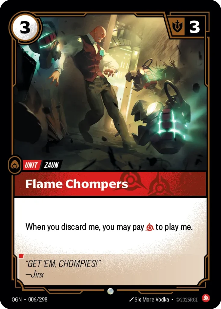 Karta Riftbound: Flame Chompers — Unit, kolor Fury, dodatek Origins. Ilustracja: Six More Vodka. Opis karty: When you discard me, you may pay to play me.