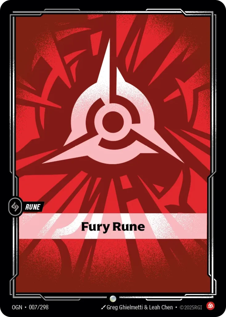 Karta Riftbound: Fury Rune — Rune, kolor Fury, dodatek Origins. Ilustracja: Greg Ghielmetti & Leah Chen.