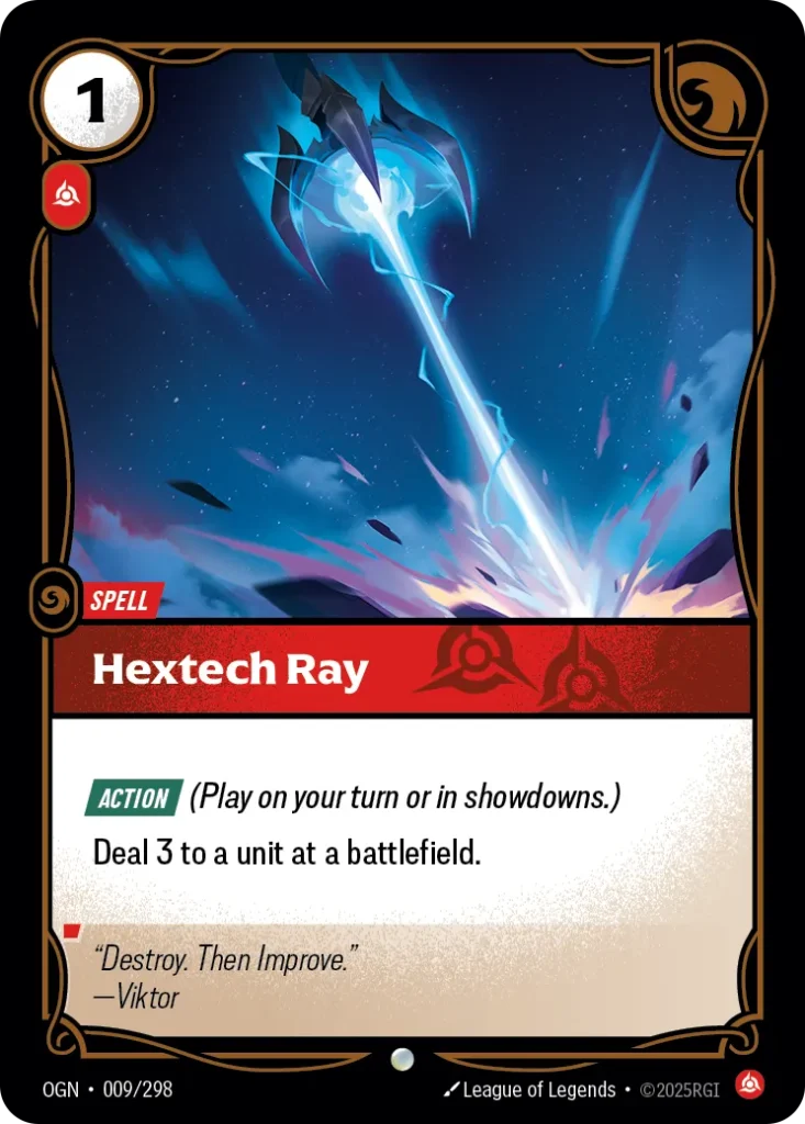 Karta Riftbound: Hextech Ray — Spell, kolor Fury, dodatek Origins. Ilustracja: League of Legends. Opis karty: Action (Play on your turn or in showdowns.)Deal 3 to a unit at a battlefield.