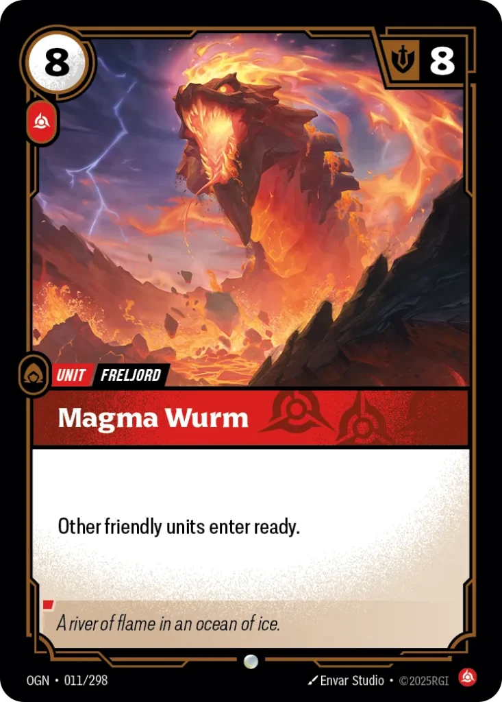 Karta Riftbound: Magma Wurm — Unit, kolor Fury, dodatek Origins. Ilustracja: Envar Studio. Opis karty: Other friendly units enter ready.