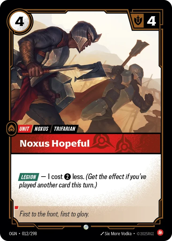Karta Riftbound: Noxus Hopeful — Unit, kolor Fury, dodatek Origins. Ilustracja: Six More Vodka. Opis karty: Legion — I cost 2⚡ less. (Get the effect if you've played another card this turn.)