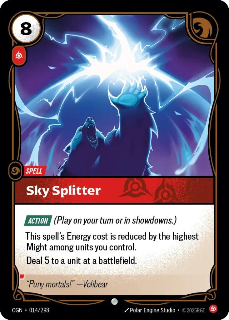 Karta Riftbound: Sky Splitter — Spell, kolor Fury, dodatek Origins. Ilustracja: Polar Engine Studio. Opis karty: Action (Play on your turn or in showdowns.)This spell's Energy cost is reduced by the highest Might among units you control.Dea