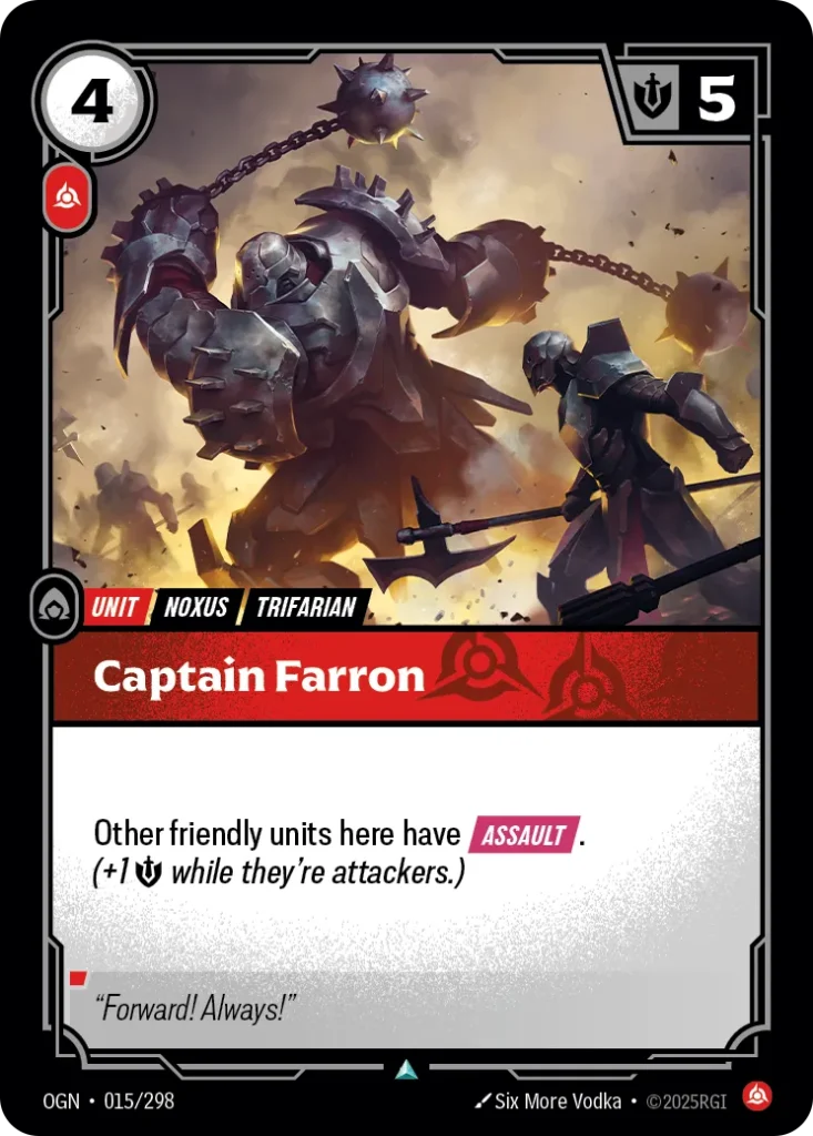 Karta Riftbound: Captain Farron — Unit, kolor Fury, dodatek Origins. Ilustracja: Six More Vodka. Opis karty: Other friendly units here have Assault . (+1 💪 while they're attackers.)