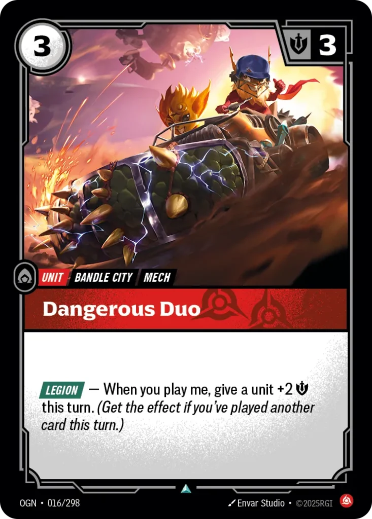 Karta Riftbound: Dangerous Duo — Unit, kolor Fury, dodatek Origins. Ilustracja: Envar Studio. Opis karty: Legion — When you play me, give a unit +2 💪 this turn. (Get the effect if you've played another card this turn.)