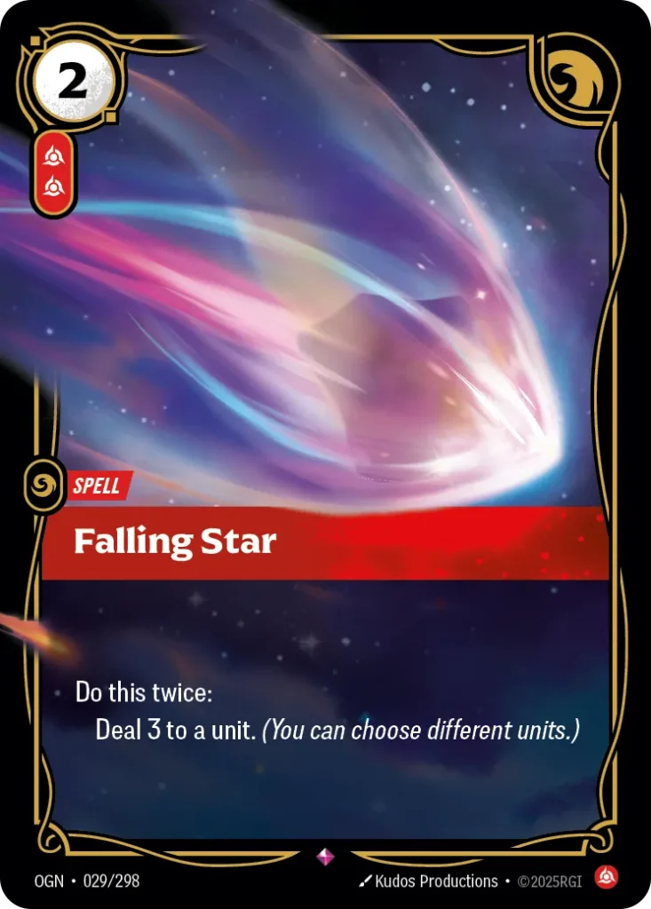 Karta Riftbound: Falling Star — Spell, kolor Fury, dodatek Origins. Ilustracja: Kudos Productions. Opis karty: Deal 3 to a unit.Deal 3 to a unit.