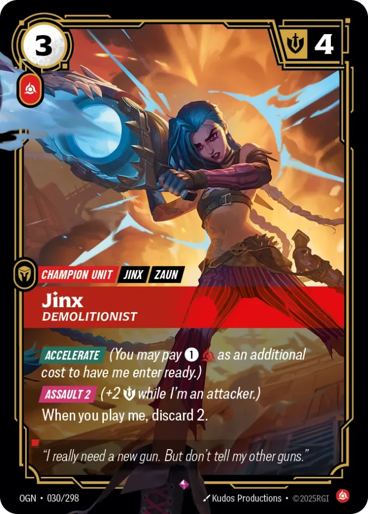 Karta Riftbound: Jinx - Demolitionist — Unit, kolor Fury, dodatek Origins. Ilustracja: Kudos Productions. Opis karty: Accelerate (You may pay 1⚡ as an additional cost to have me enter ready.) Assault 2 (+2 💪 while I'm an attacker.)When you 