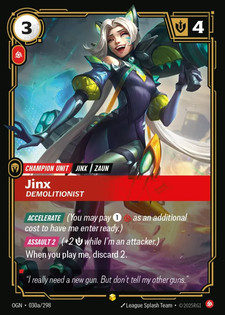 Karta Riftbound: Jinx - Demolitionist (Alternate Art) — Unit, kolor Fury, dodatek Origins. Ilustracja: League Splash Team. Opis karty: Accelerate (You may pay 1⚡ as an additional cost to have me enter ready.) Assault 2 (+2 💪 while I'm an at