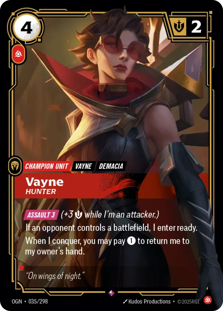 Karta Riftbound: Vayne - Hunter — Unit, kolor Fury, dodatek Origins. Ilustracja: Kudos Productions. Opis karty: Assault 3 (+3 💪 while I'm an attacker.)If an opponent controls a battlefield, I enter ready.When I conquer, you may pay 1⚡ to re