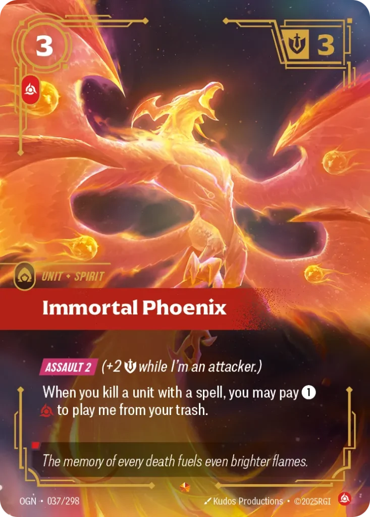 Karta Riftbound: Immortal Phoenix — Unit, kolor Fury, dodatek Origins. Ilustracja: Kudos Productions. Opis karty: Assault 2 (+2 💪 while I'm an attacker.)When you kill a unit with a spell, you may pay 1⚡ to play me from your trash.