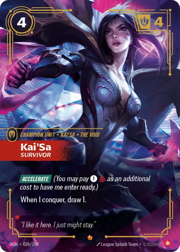 Karta Riftbound: Kai'Sa - Survivor — Unit, kolor Fury, dodatek Origins. Ilustracja: League Splash Team. Opis karty: Accelerate (You may pay 1⚡ as an additional cost to have me enter ready.)When I conquer, draw 1.