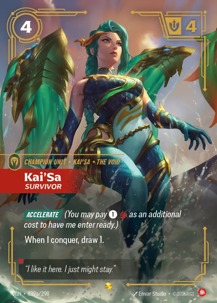Karta Riftbound: Kai'Sa - Survivor (Alternate Art) — Unit, kolor Fury, dodatek Origins. Ilustracja: Envar Studio. Opis karty: Accelerate (You may pay 1⚡ as an additional cost to have me enter ready.)When I conquer, draw 1.