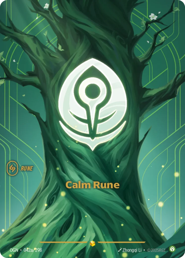 Karta Riftbound: Calm Rune (Alternate Art) — Rune, kolor Calm, dodatek Origins. Ilustracja: Zhongqi Li.