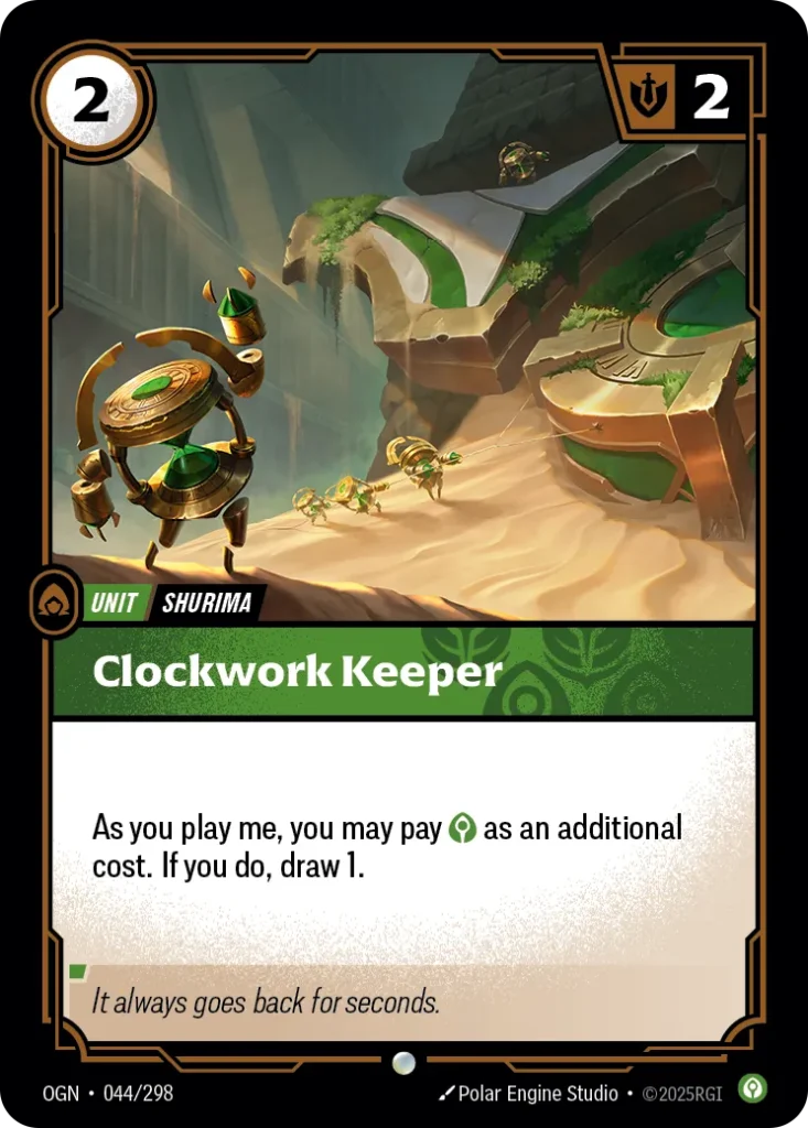 Karta Riftbound: Clockwork Keeper — Unit, kolor Calm, dodatek Origins. Ilustracja: Polar Engine Studio. Opis karty: As you play me, you may pay as an additional cost. If you do, draw 1.