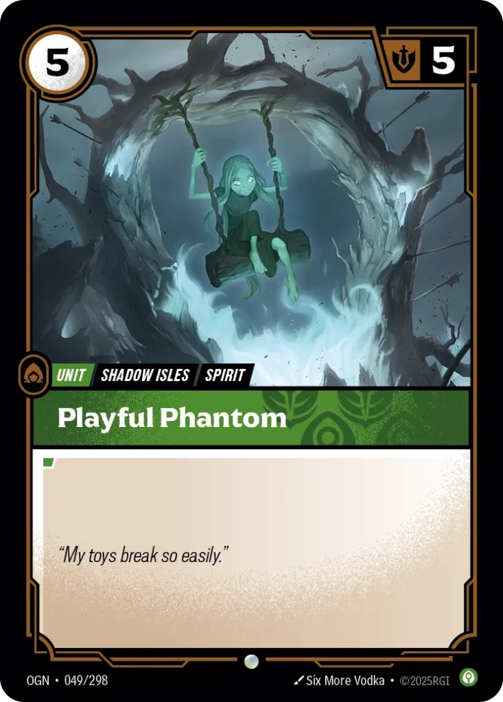 Karta Riftbound: Playful Phantom — Unit, kolor Calm, dodatek Origins. Ilustracja: Six More Vodka.