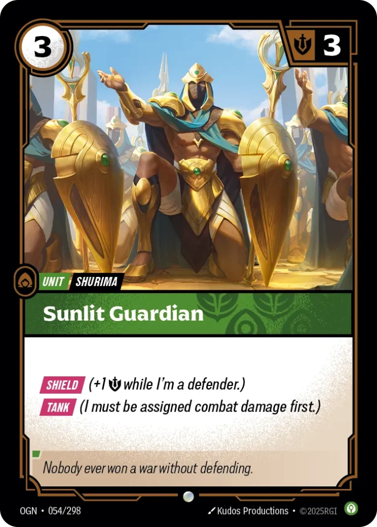 Karta Riftbound: Sunlit Guardian — Unit, kolor Calm, dodatek Origins. Ilustracja: Kudos Productions. Opis karty: Shield (+1 💪 while I'm a defender.) Tank (I must be assigned combat damage first.)