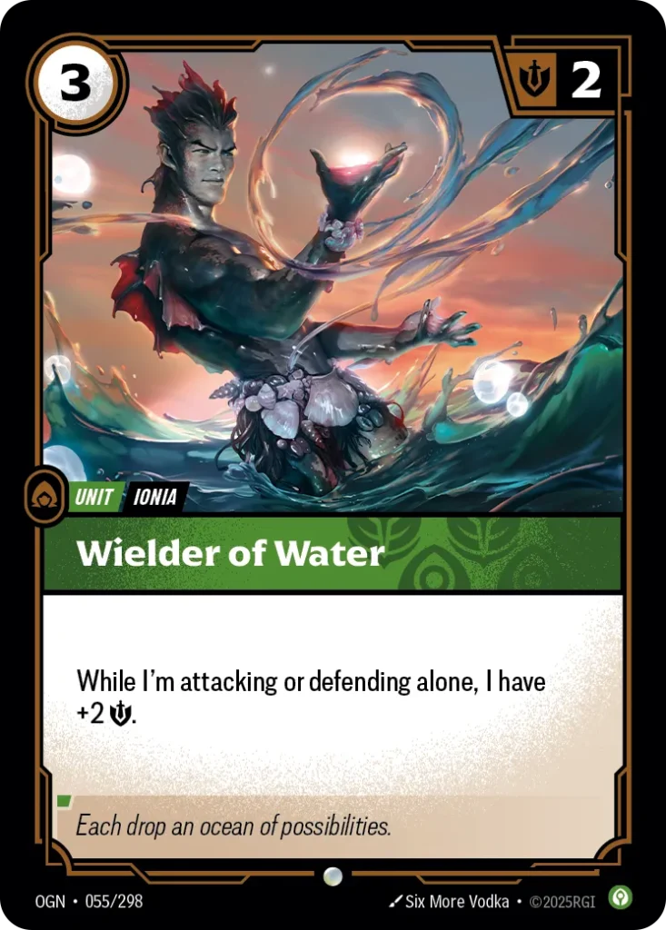 Karta Riftbound: Wielder of Water — Unit, kolor Calm, dodatek Origins. Ilustracja: Six More Vodka. Opis karty: While I'm attacking or defending alone, I have +2 💪.