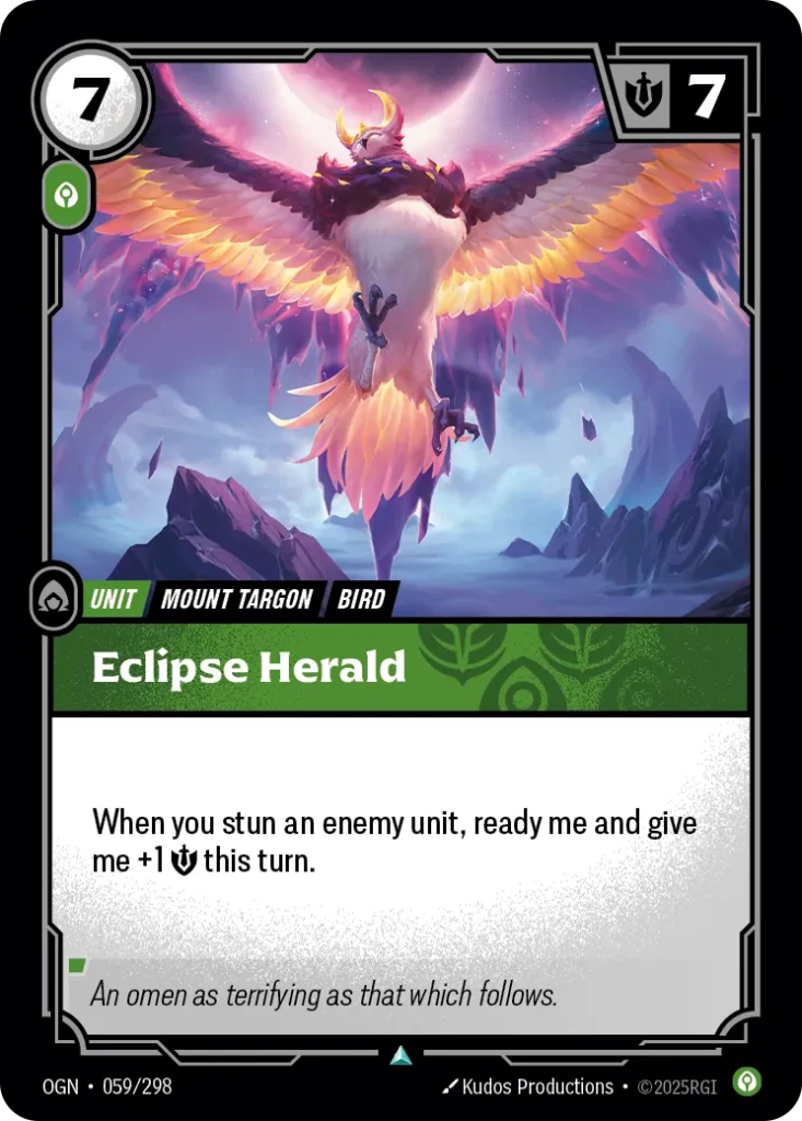 Karta Riftbound: Eclipse Herald — Unit, kolor Calm, dodatek Origins. Ilustracja: Kudos Productions. Opis karty: When you stun an enemy unit, ready me and give me +1 💪 this turn.