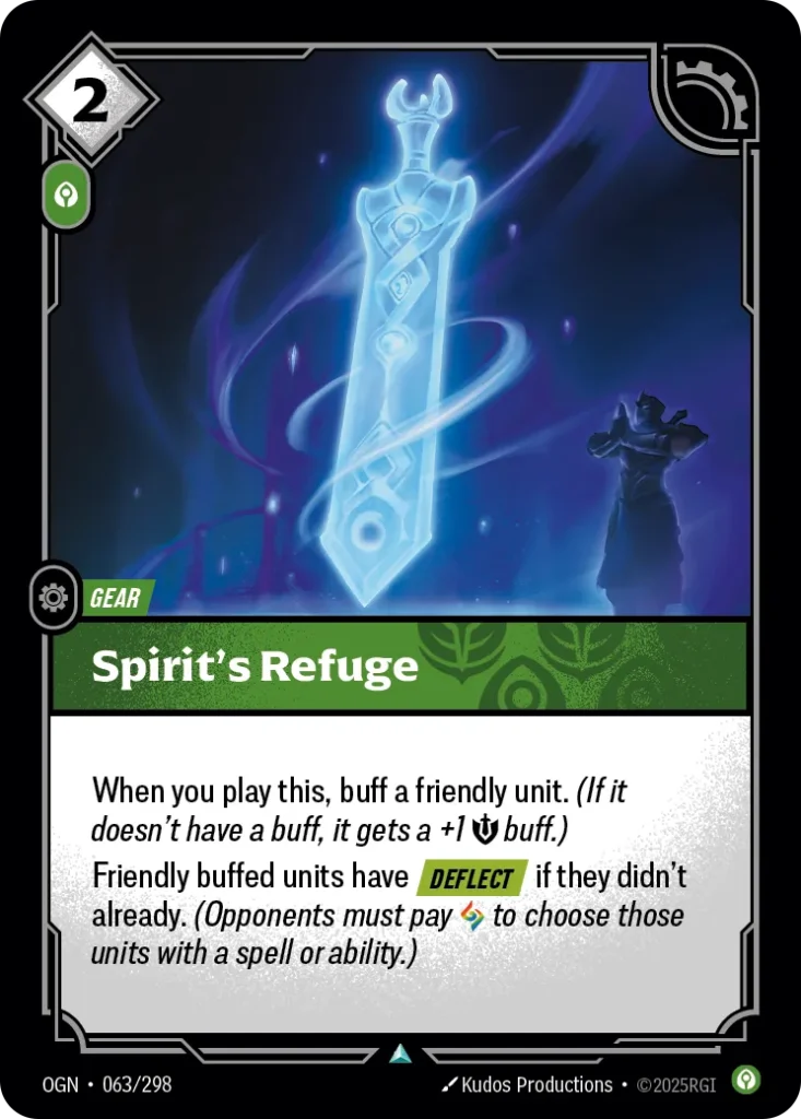 Karta Riftbound: Spirit's Refuge — Gear, kolor Calm, dodatek Origins. Ilustracja: Kudos Productions. Opis karty: When you play this, buff a friendly unit. (If it doesn't have a buff, it gets a +1 💪 buff.)Friendly buffed units have Deflect i