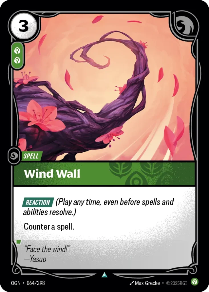 Karta Riftbound: Wind Wall — Spell, kolor Calm, dodatek Origins. Ilustracja: Max Grecke. Opis karty: Reaction (Play any time, even before spells and abilities resolve.)Counter a spell.