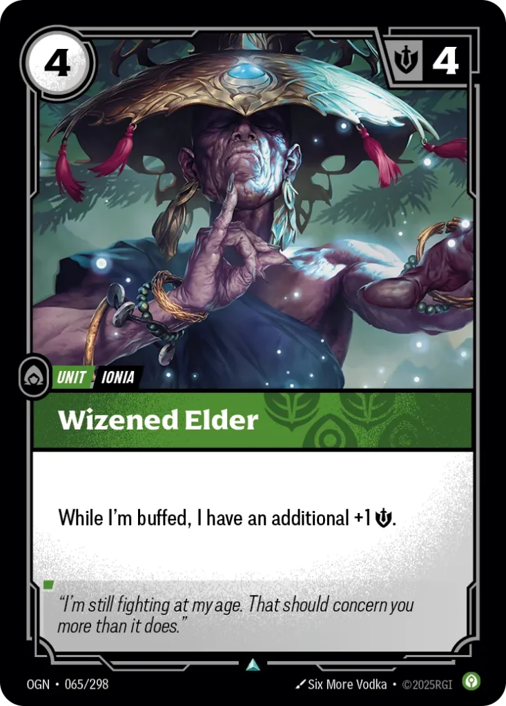 Karta Riftbound: Wizened Elder — Unit, kolor Calm, dodatek Origins. Ilustracja: Six More Vodka. Opis karty: While I'm buffed, I have an additional +1 💪.