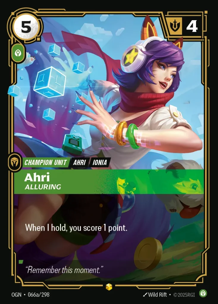 Karta Riftbound: Ahri - Alluring (Alternate Art) — Unit, kolor Calm, dodatek Origins. Ilustracja: Wild Rift. Opis karty: When I hold, you score 1 point.