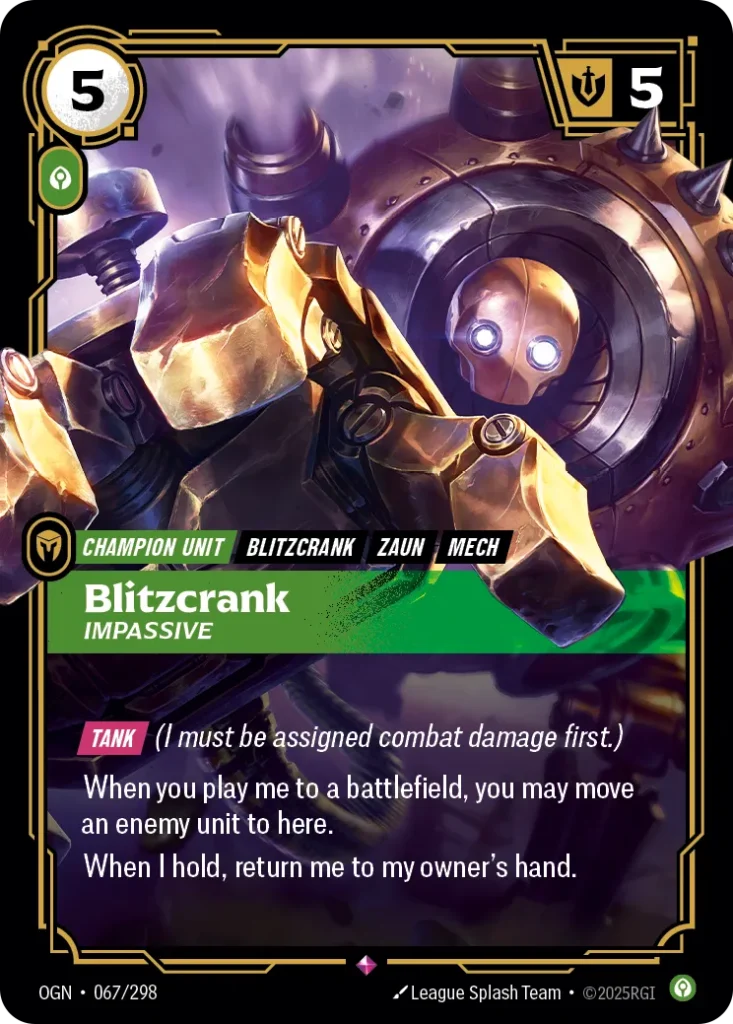 Karta Riftbound: Blitzcrank - Impassive — Unit, kolor Calm, dodatek Origins. Ilustracja: League Splash Team. Opis karty: Tank (I must be assigned combat damage first.)When you play me to a battlefield, you may move an enemy unit to here.Whe