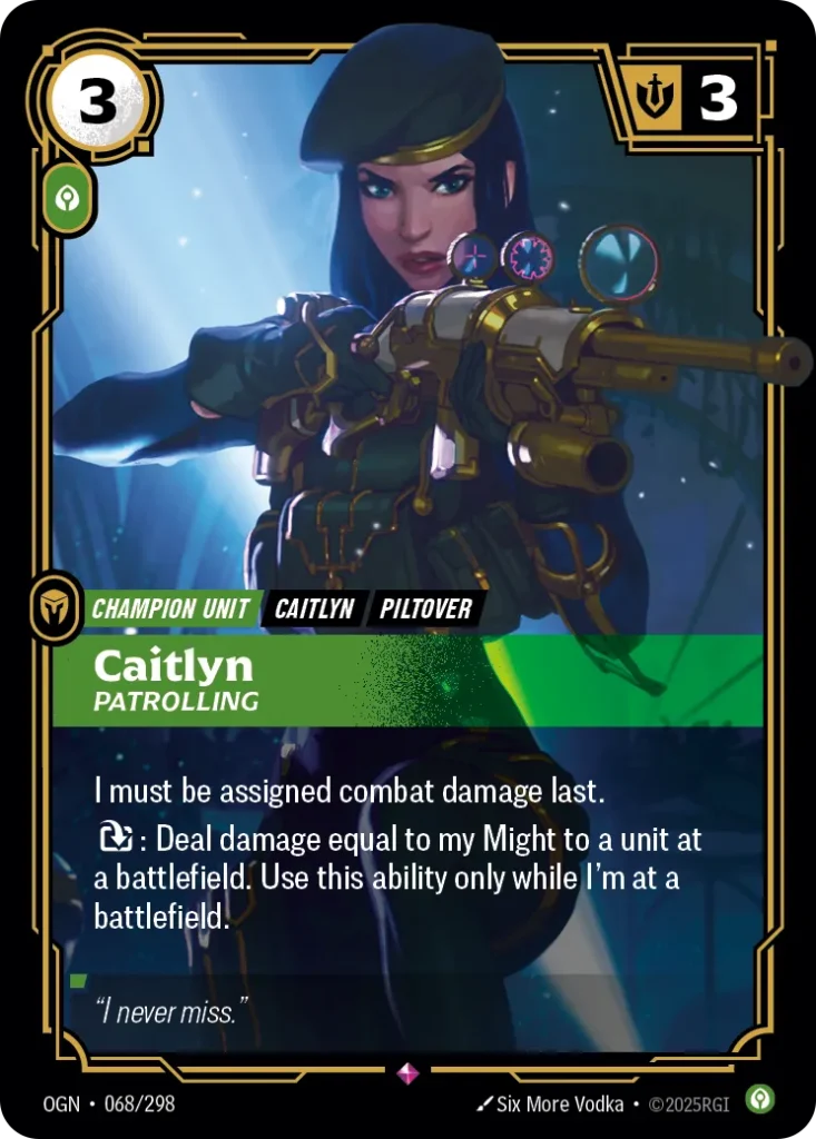 Karta Riftbound: Caitlyn - Patrolling — Unit, kolor Calm, dodatek Origins. Ilustracja: Six More Vodka. Opis karty: I must be assigned combat damage last.: Deal damage equal to my Might to a unit at a battlefield. Use this ability only while