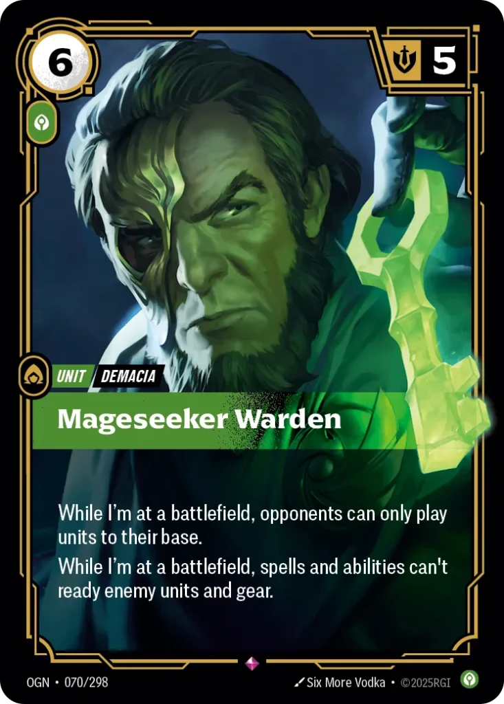 Karta Riftbound: Mageseeker Warden — Unit, kolor Calm, dodatek Origins. Ilustracja: Six More Vodka. Opis karty: While I'm at a battlefield, opponents can only play units to their base.While I'm at a battlefield, spells and abilities can't r