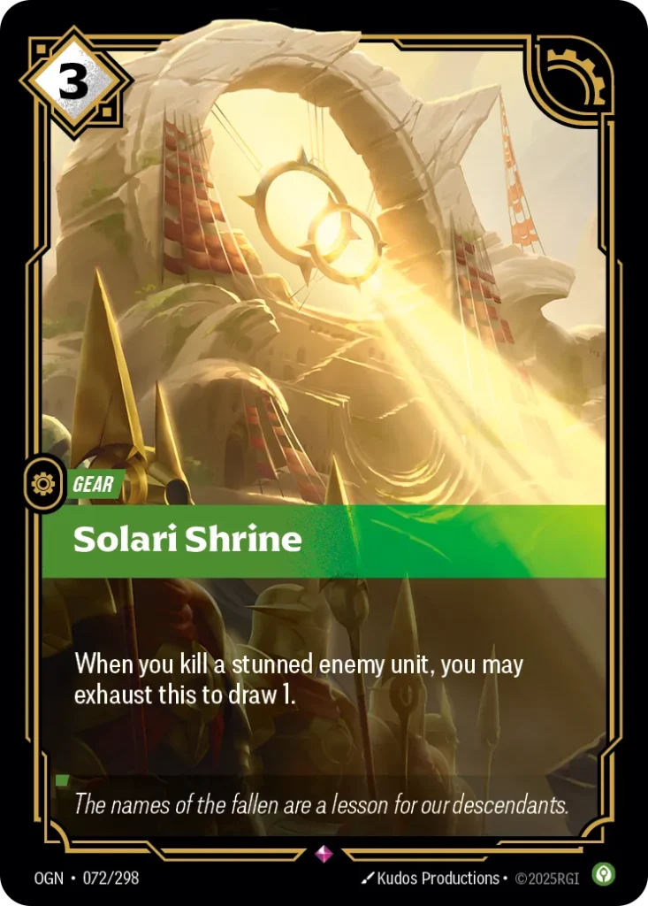 Karta Riftbound: Solari Shrine — Gear, kolor Calm, dodatek Origins. Ilustracja: Kudos Productions. Opis karty: When you kill a stunned enemy unit, you may exhaust this to draw 1.