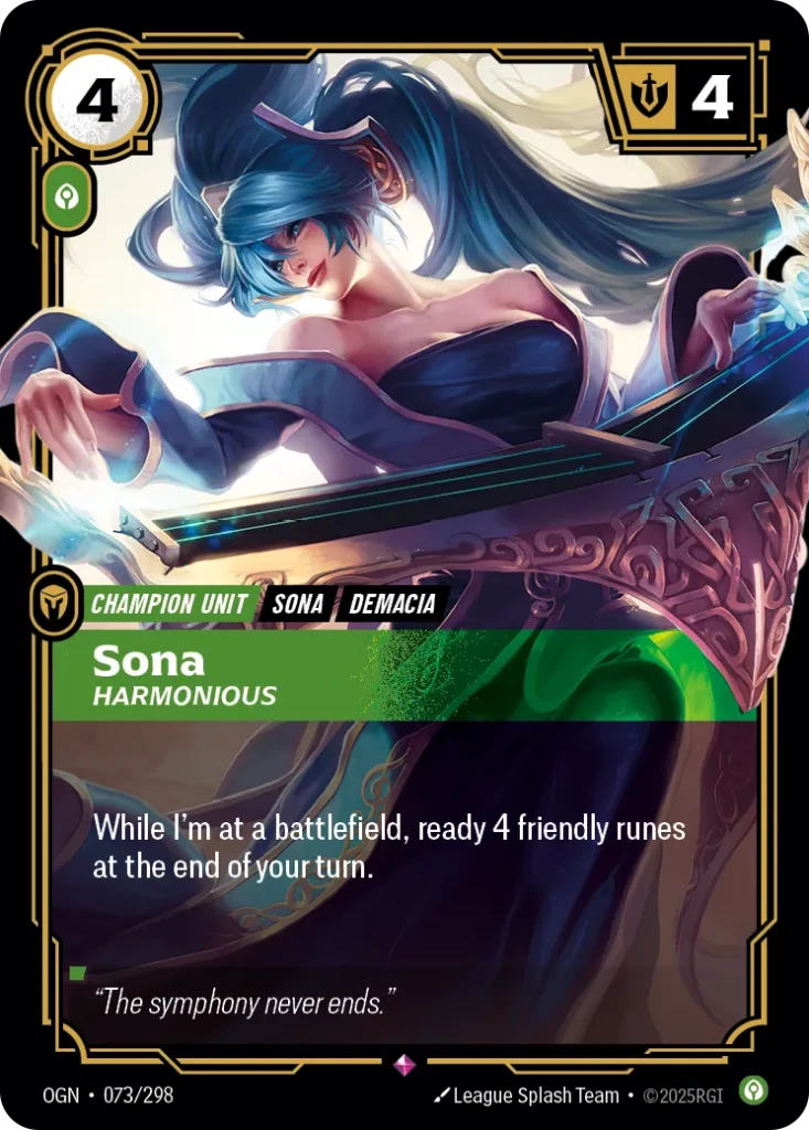 Karta Riftbound: Sona - Harmonious — Unit, kolor Calm, dodatek Origins. Ilustracja: League Splash Team. Opis karty: While I'm at a battlefield, ready 4 friendly runes at the end of your turn.