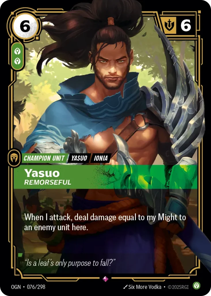 Karta Riftbound: Yasuo - Remorseful — Unit, kolor Calm, dodatek Origins. Ilustracja: Six More Vodka. Opis karty: When I attack, deal damage equal to my Might to an enemy unit here.