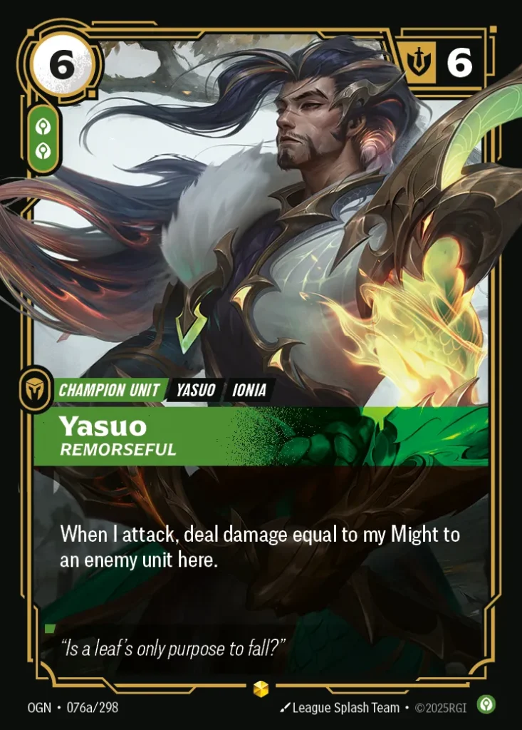 Karta Riftbound: Yasuo - Remorseful (Alternate Art) — Unit, kolor Calm, dodatek Origins. Ilustracja: League Splash Team. Opis karty: When I attack, deal damage equal to my Might to an enemy unit here.