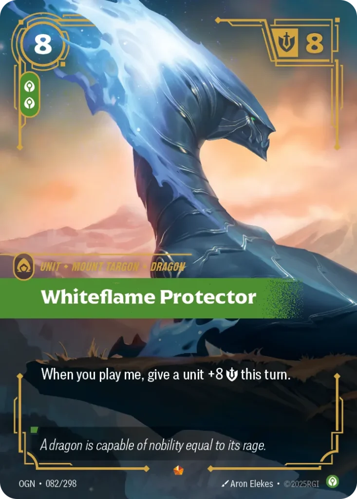 Karta Riftbound: Whiteflame Protector — Unit, kolor Calm, dodatek Origins. Ilustracja: Aron Elekes. Opis karty: When you play me, give a unit +8 💪 this turn.