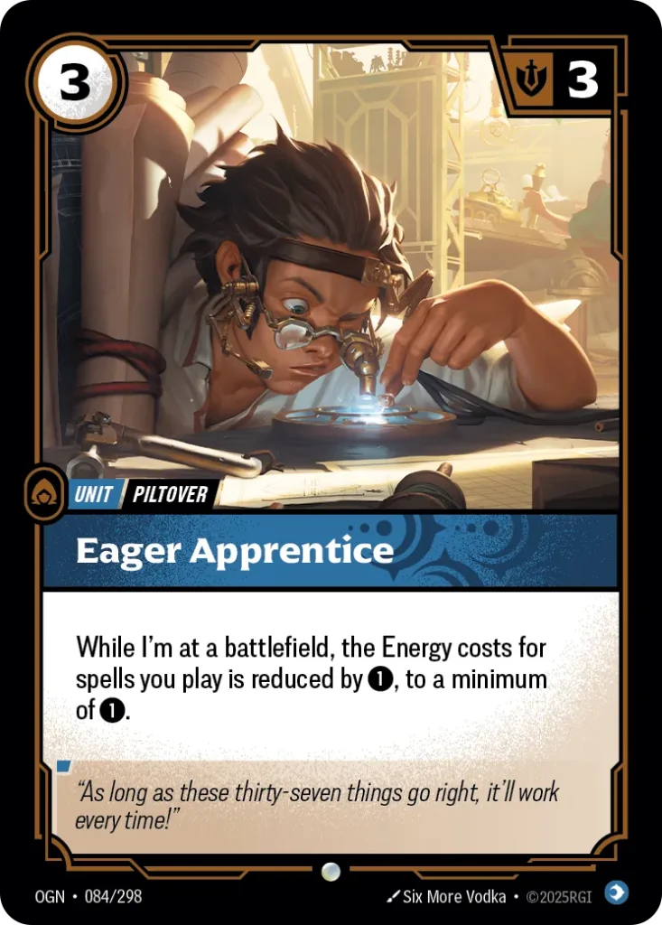 Karta Riftbound: Eager Apprentice — Unit, kolor Mind, dodatek Origins. Ilustracja: Six More Vodka. Opis karty: While I'm at a battlefield, the Energy costs for spells you play is reduced by 1⚡, to a minimum of 1⚡.
