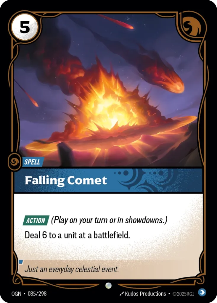 Karta Riftbound: Falling Comet — Spell, kolor Mind, dodatek Origins. Ilustracja: Kudos Productions. Opis karty: Action (Play on your turn or in showdowns.)Deal 6 to a unit at a battlefield.