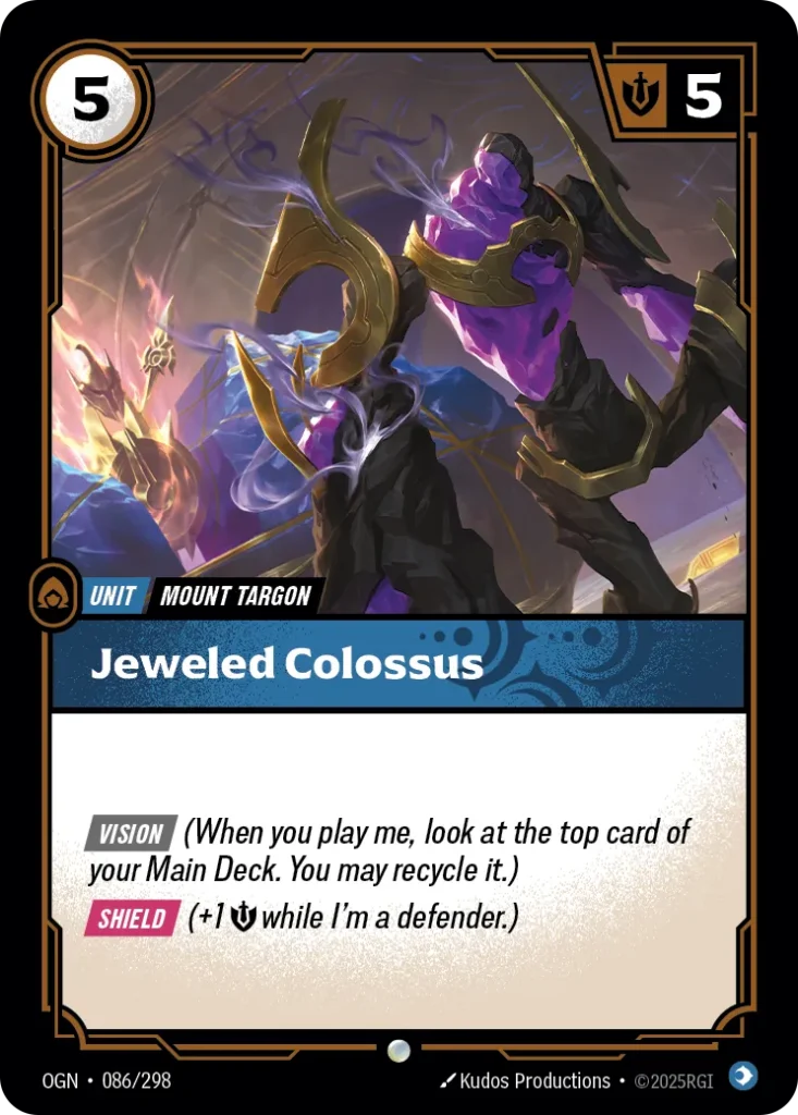 Karta Riftbound: Jeweled Colossus — Unit, kolor Mind, dodatek Origins. Ilustracja: Kudos Productions. Opis karty: Vision (When you play me, look at the top card of your Main Deck. You may recycle it.) Shield (+1 💪 while I'm a defender.)