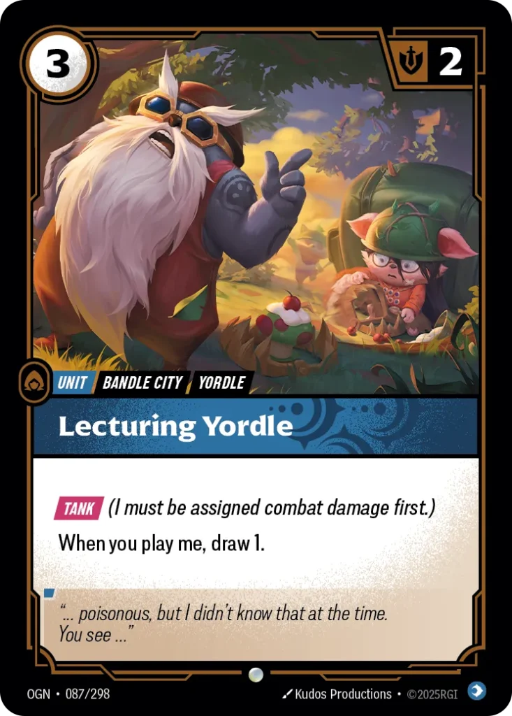 Karta Riftbound: Lecturing Yordle — Unit, kolor Mind, dodatek Origins. Ilustracja: Kudos Productions. Opis karty: Tank (I must be assigned combat damage first.)When you play me, draw 1.
