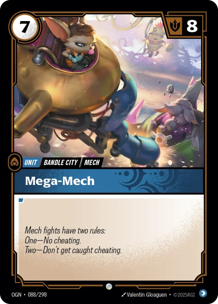 Karta Riftbound: Mega-Mech — Unit, kolor Mind, dodatek Origins. Ilustracja: Valentin Gloaguen.