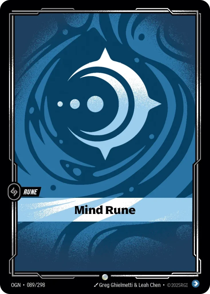 Karta Riftbound: Mind Rune — Rune, kolor Mind, dodatek Origins. Ilustracja: Greg Ghielmetti & Leah Chen.