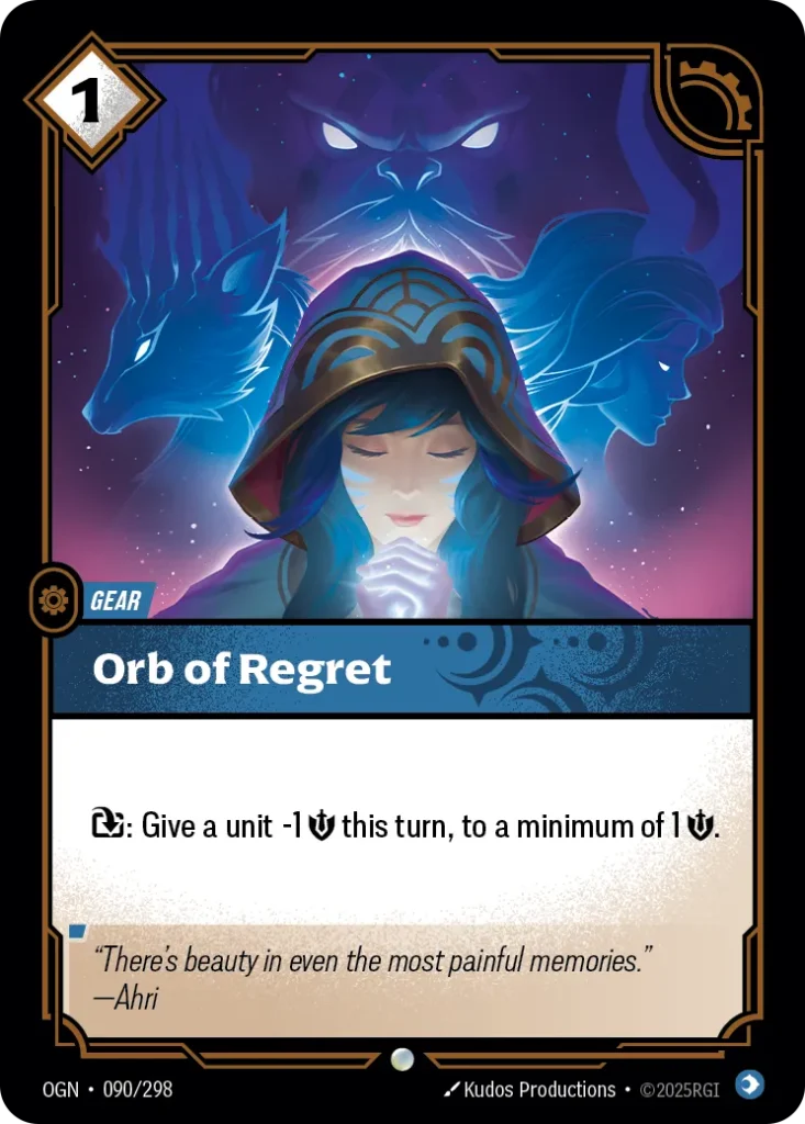 Karta Riftbound: Orb of Regret — Gear, kolor Mind, dodatek Origins. Ilustracja: Kudos Productions. Opis karty: : Give a unit -1 💪 this turn, to a minimum of 1 💪.