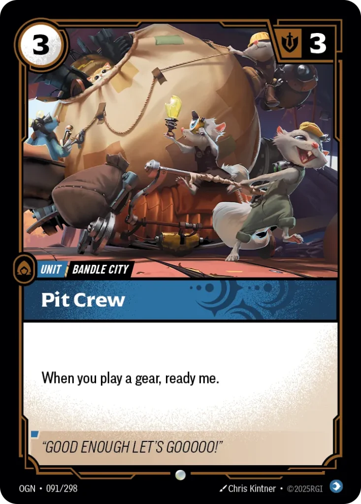 Karta Riftbound: Pit Crew — Unit, kolor Mind, dodatek Origins. Ilustracja: Chris Kintner. Opis karty: When you play a gear, ready me.