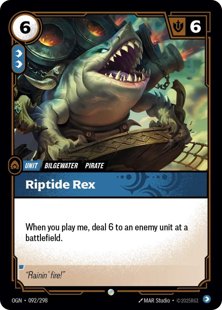 Karta Riftbound: Riptide Rex — Unit, kolor Mind, dodatek Origins. Ilustracja: MAR Studio. Opis karty: When you play me, deal 6 to an enemy unit at a battlefield.