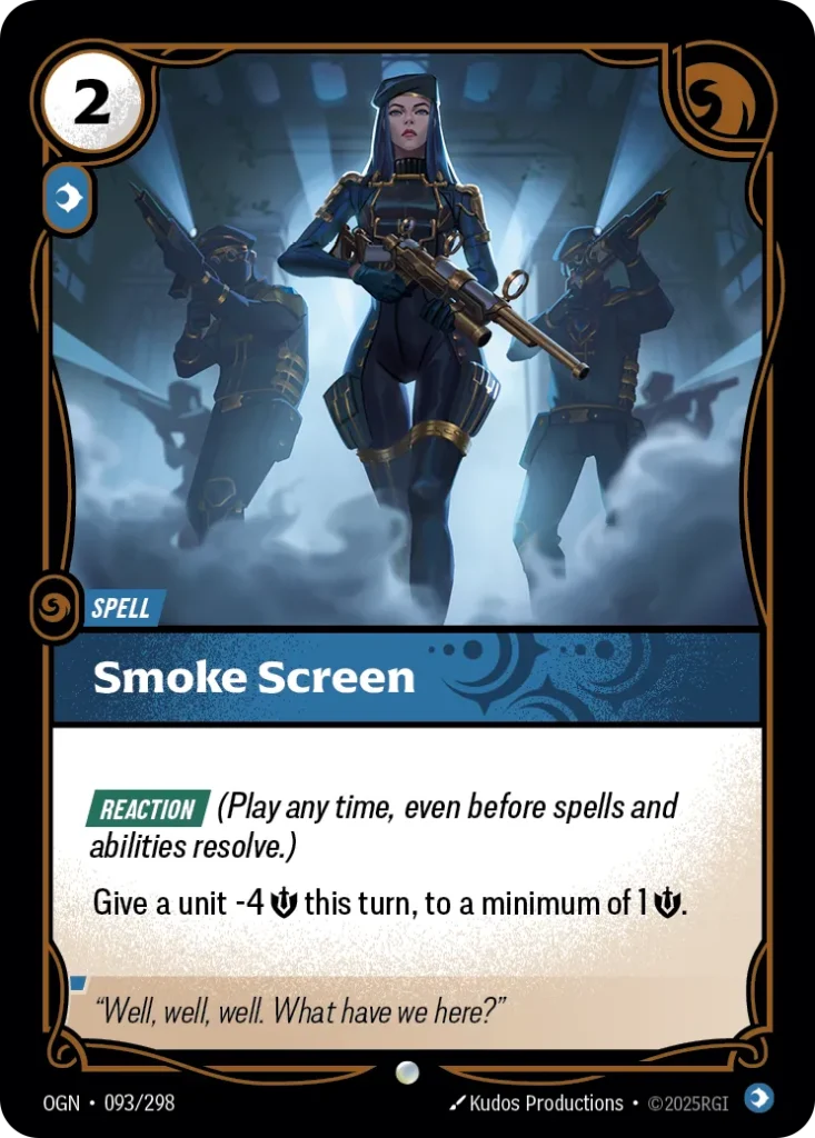Karta Riftbound: Smoke Screen — Spell, kolor Mind, dodatek Origins. Ilustracja: Kudos Productions. Opis karty: Reaction (Play any time, even before spells and abilities resolve.)Give a unit -4 💪 this turn, to a minimum of 1 💪.