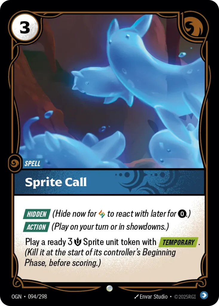 Karta Riftbound: Sprite Call — Spell, kolor Mind, dodatek Origins. Ilustracja: Envar Studio. Opis karty: Hidden (Hide now for to react with later for 0⚡.) Action (Play on your turn or in showdowns.)Play a ready 3 💪 Sprite unit token with Te