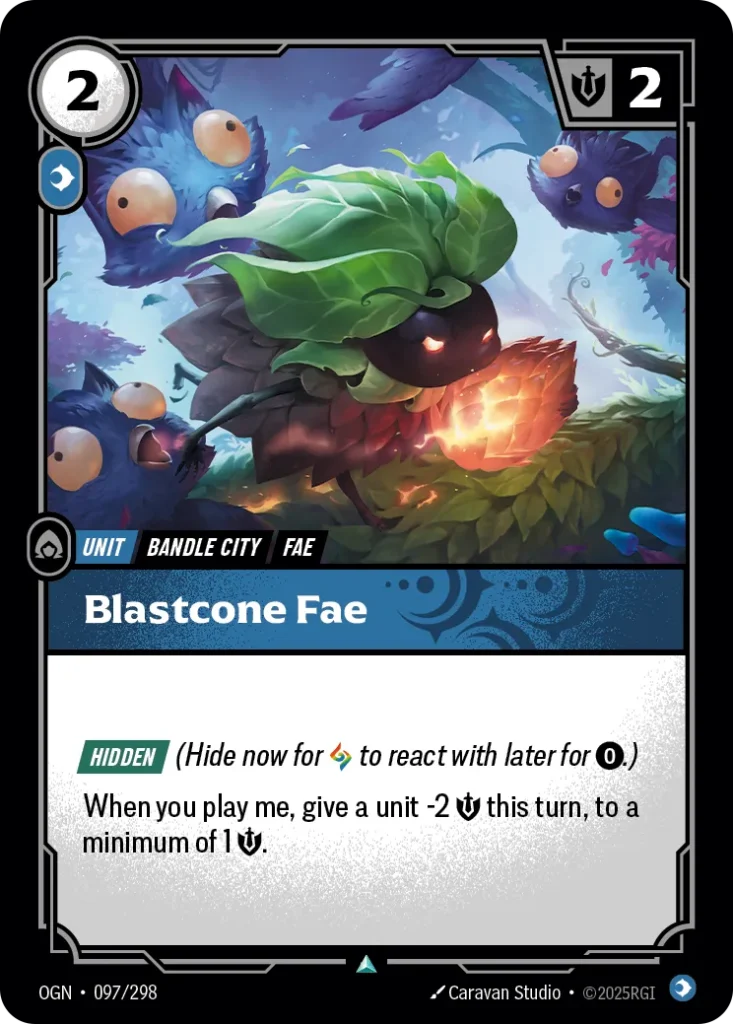 Karta Riftbound: Blastcone Fae — Unit, kolor Mind, dodatek Origins. Ilustracja: Caravan Studio. Opis karty: Hidden (Hide now for to react with later for 0⚡.)When you play me, give a unit -2 💪 this turn, to a minimum of 1 💪.