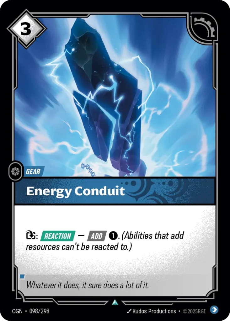 Karta Riftbound: Energy Conduit — Gear, kolor Mind, dodatek Origins. Ilustracja: Kudos Productions. Opis karty: : Reaction — Add 1⚡. (Abilities that add resources can't be reacted to.)