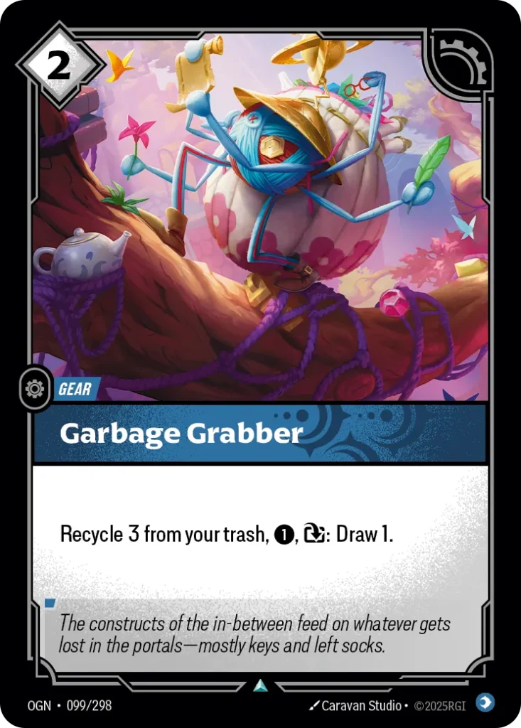 Karta Riftbound: Garbage Grabber — Gear, kolor Mind, dodatek Origins. Ilustracja: Caravan Studio. Opis karty: Recycle 3 from your trash, 1⚡, : Draw 1.