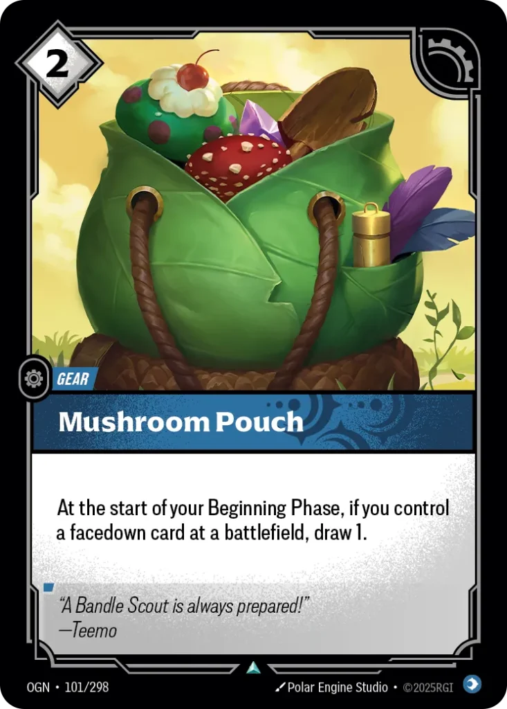 Karta Riftbound: Mushroom Pouch — Gear, kolor Mind, dodatek Origins. Ilustracja: Polar Engine Studio. Opis karty: At the start of your Beginning Phase, if you control a facedown card at a battlefield, draw 1.