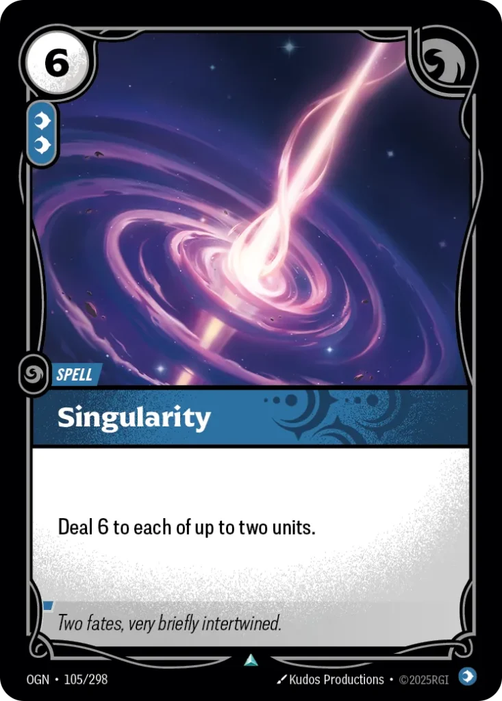 Karta Riftbound: Singularity — Spell, kolor Mind, dodatek Origins. Ilustracja: Kudos Productions. Opis karty: Deal 6 to each of up to two units.